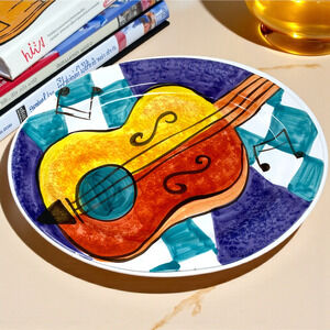 Vintage Bellini Piu Modernist Cubist Guitar 18" Ceramic Serving Platter Italy
